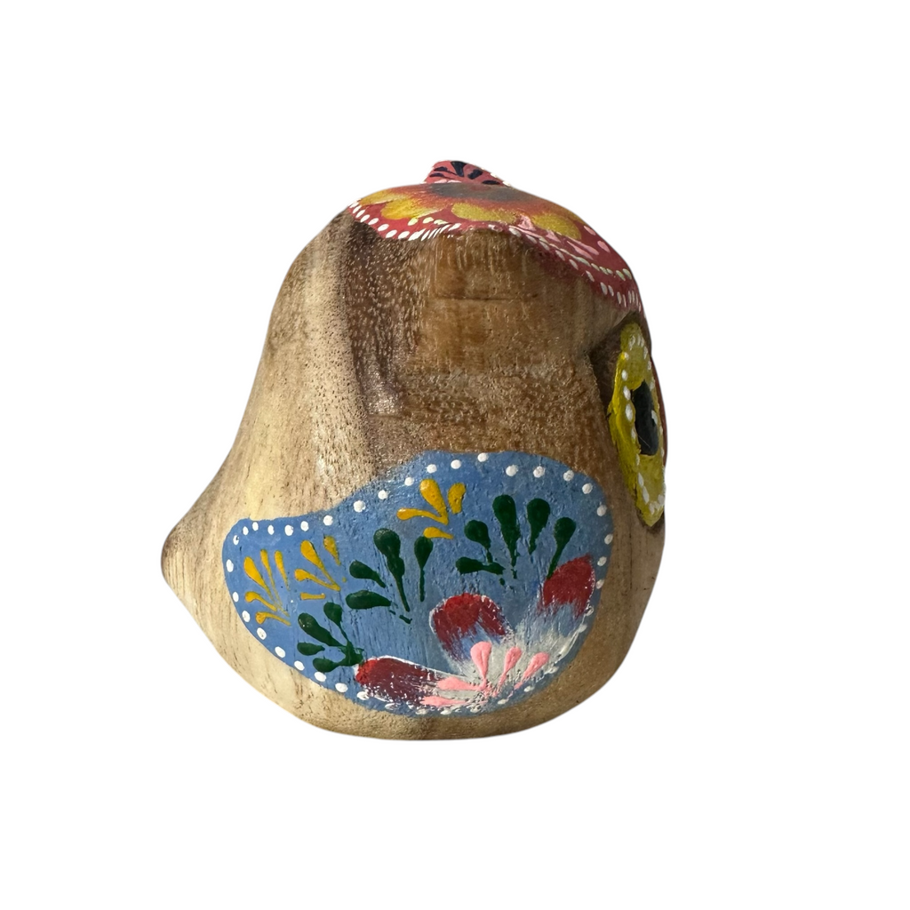 Hand-Painted Wooden Owl Figurine - Vibrant Blue & Yellow Accents Music Frog Co