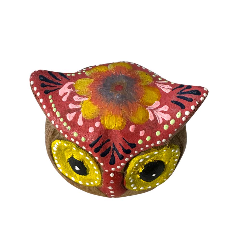 Hand-Painted Wooden Owl Figurine - Vibrant Blue & Yellow Accents Music Frog Co