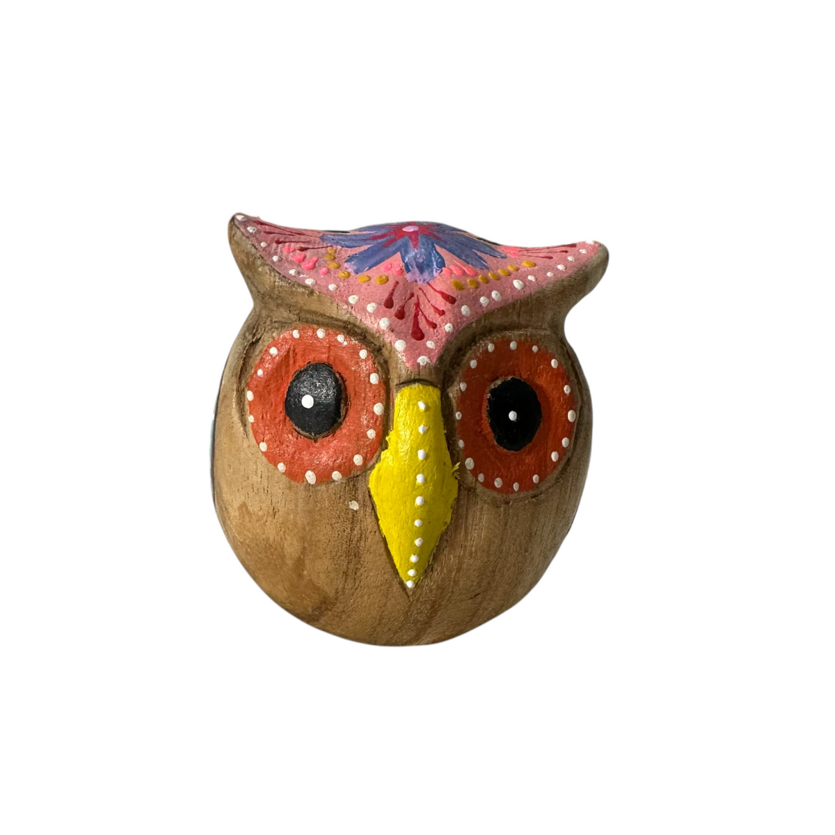 Hand-Painted Wooden Owl Figurine - Pink Blue & Floral Patterns Music Frog Co