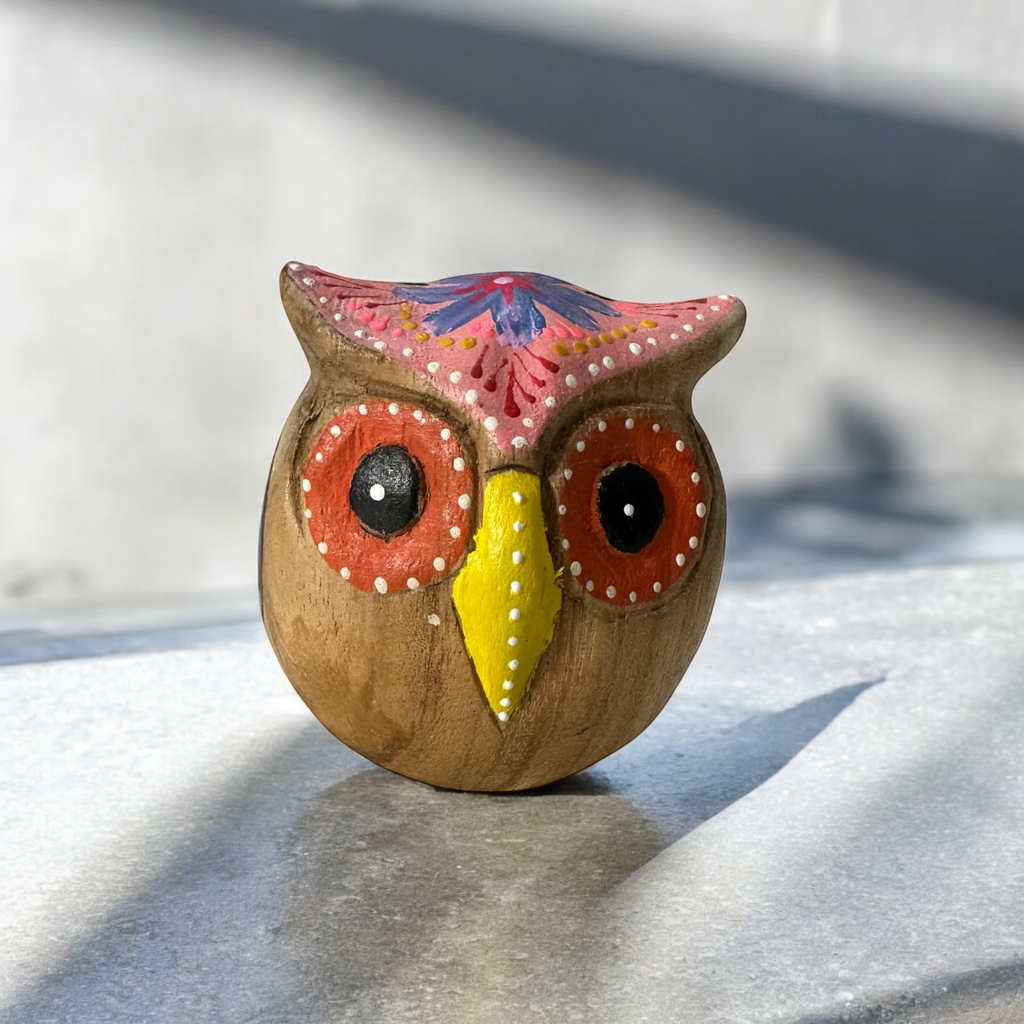 Hand-Painted Wooden Owl Figurine - Pink Blue & Floral Patterns Music Frog Co
