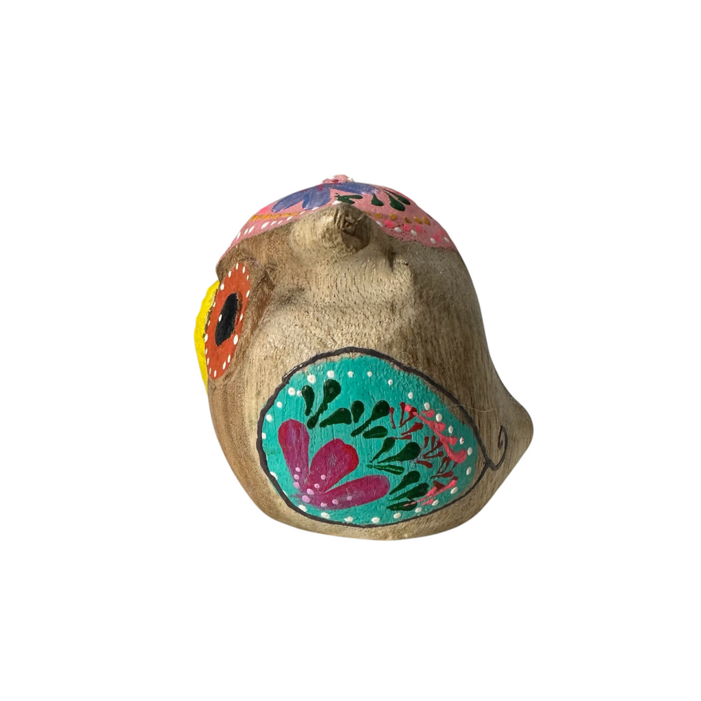 Hand-Painted Wooden Owl Figurine - Pink Blue & Floral Patterns Music Frog Co