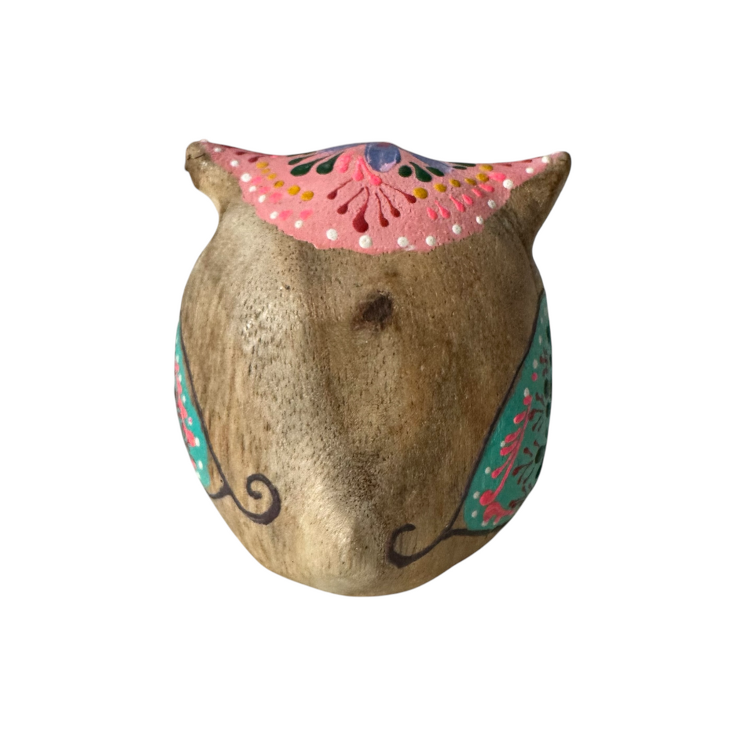 Hand-Painted Wooden Owl Figurine - Pink Blue & Floral Patterns Music Frog Co