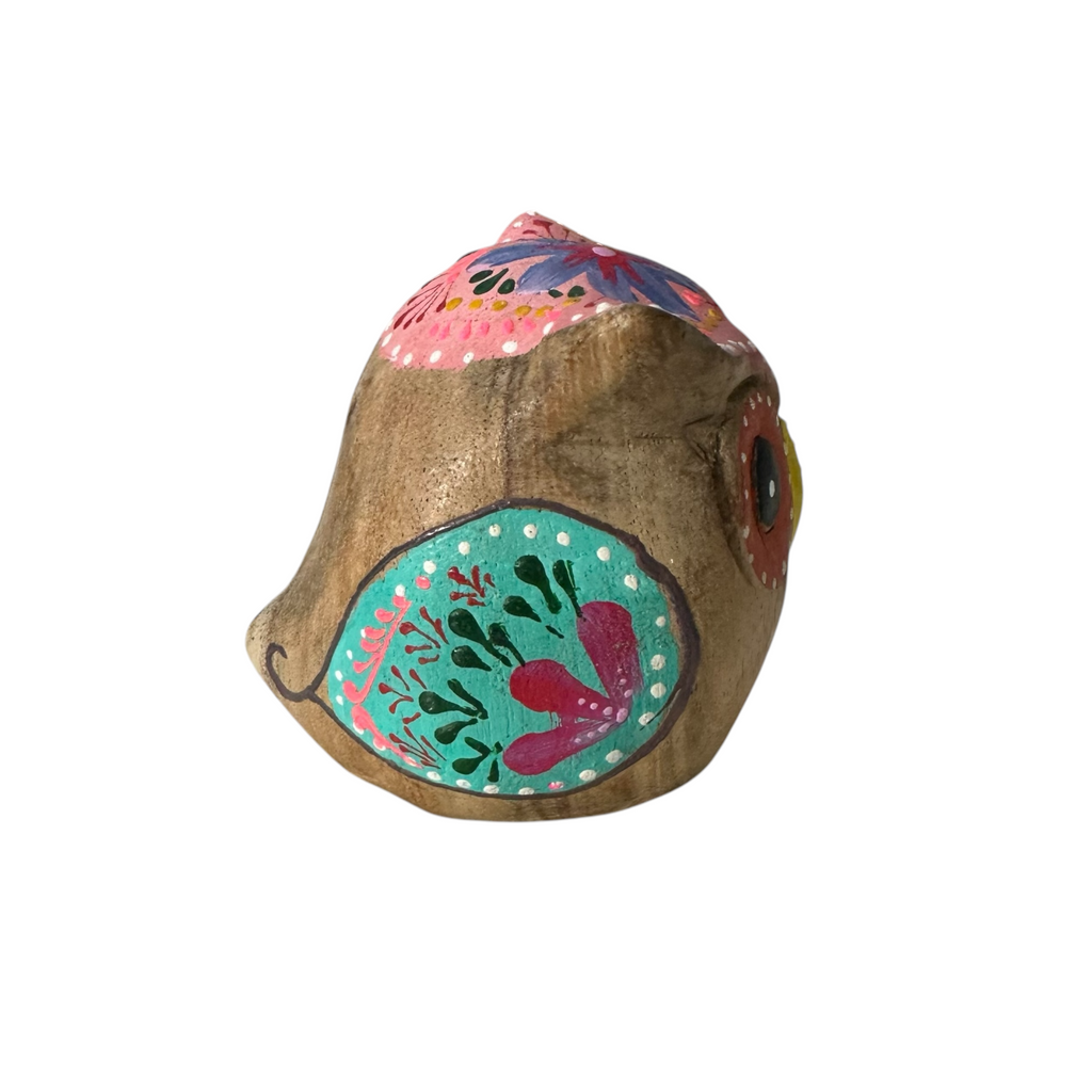 Hand-Painted Wooden Owl Figurine - Pink Blue & Floral Patterns Music Frog Co