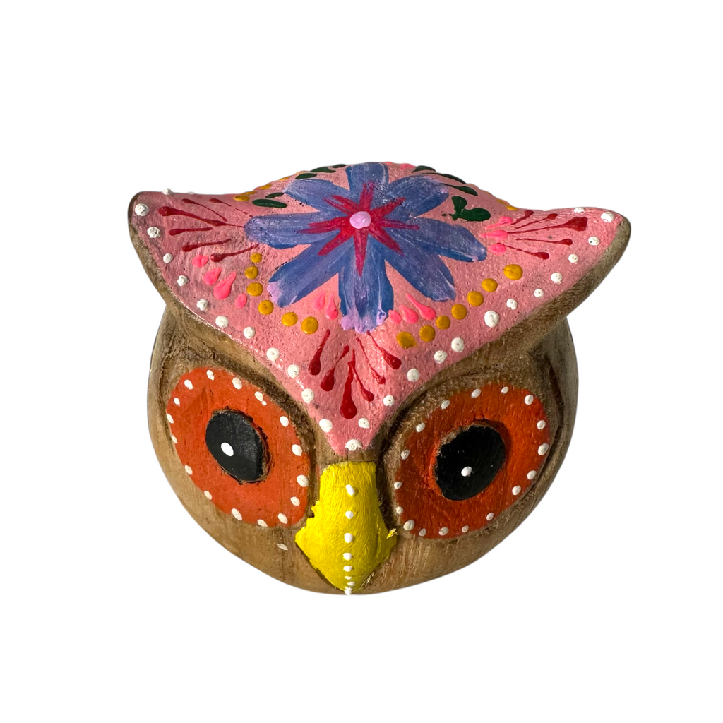 Hand-Painted Wooden Owl Figurine - Pink Blue & Floral Patterns Music Frog Co