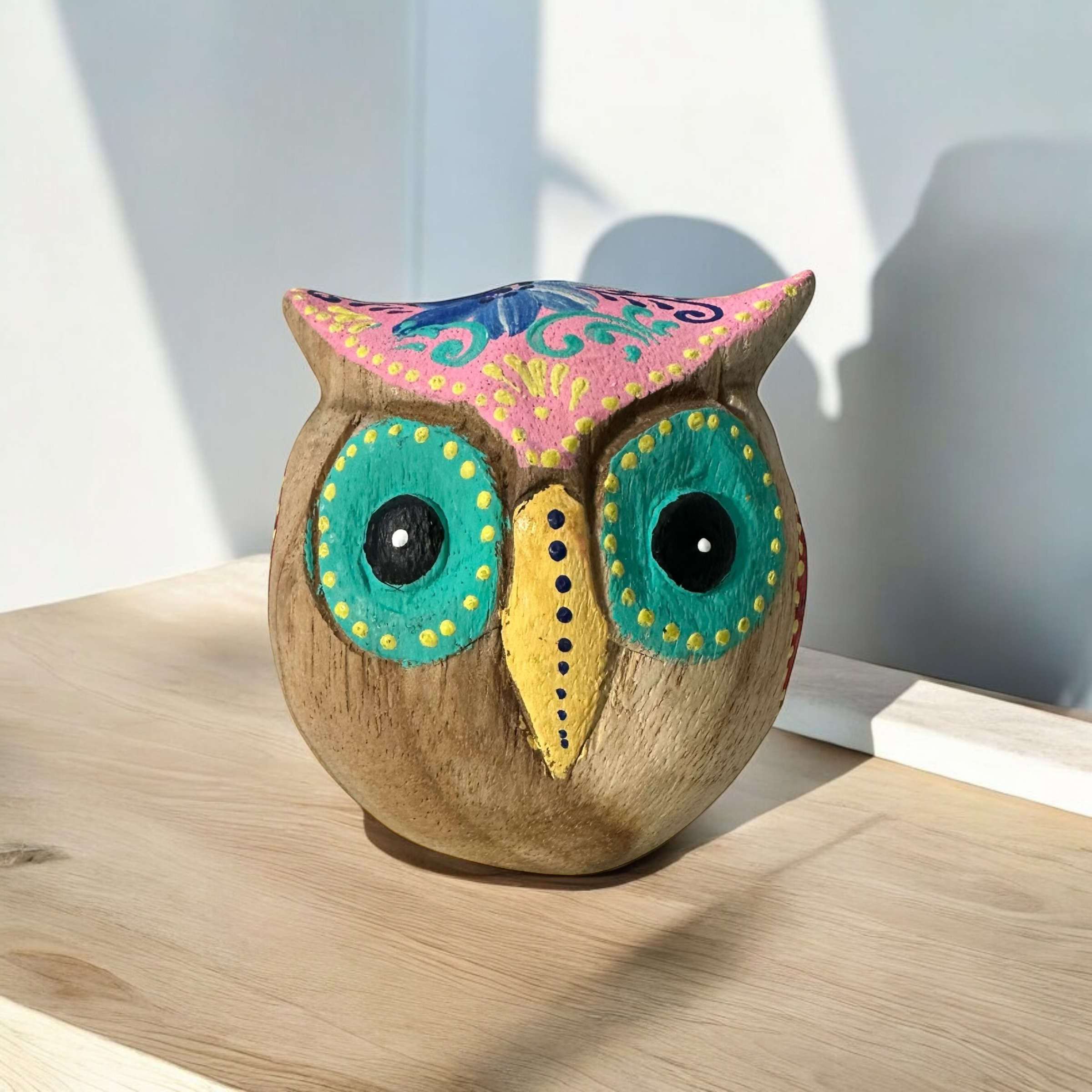 Hand-Painted Wooden Owl Figurine - Pastel Color Theme Music Frog Co