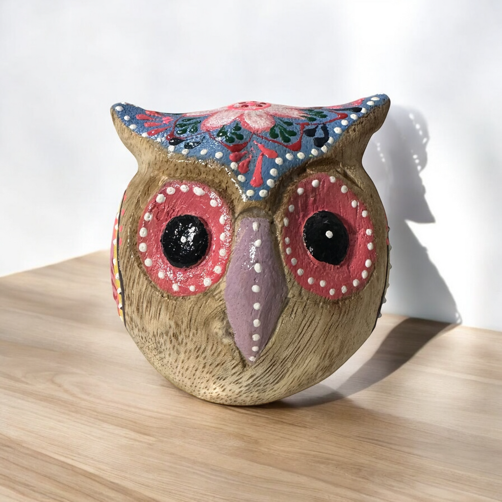 Hand-Painted Wooden Owl Figurine - Yellow & Pink Detailed Carving Music Frog Co