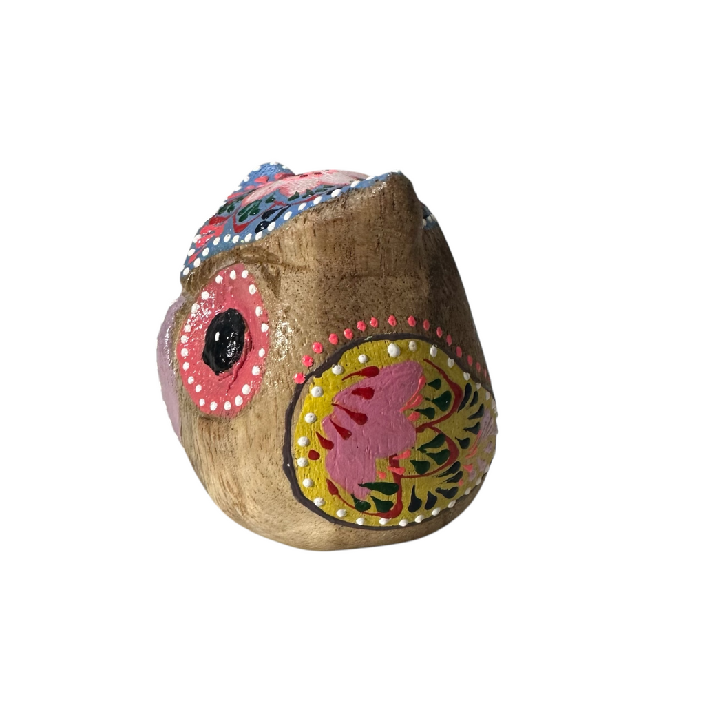 Hand-Painted Wooden Owl Figurine - Yellow & Pink Detailed Carving Music Frog Co