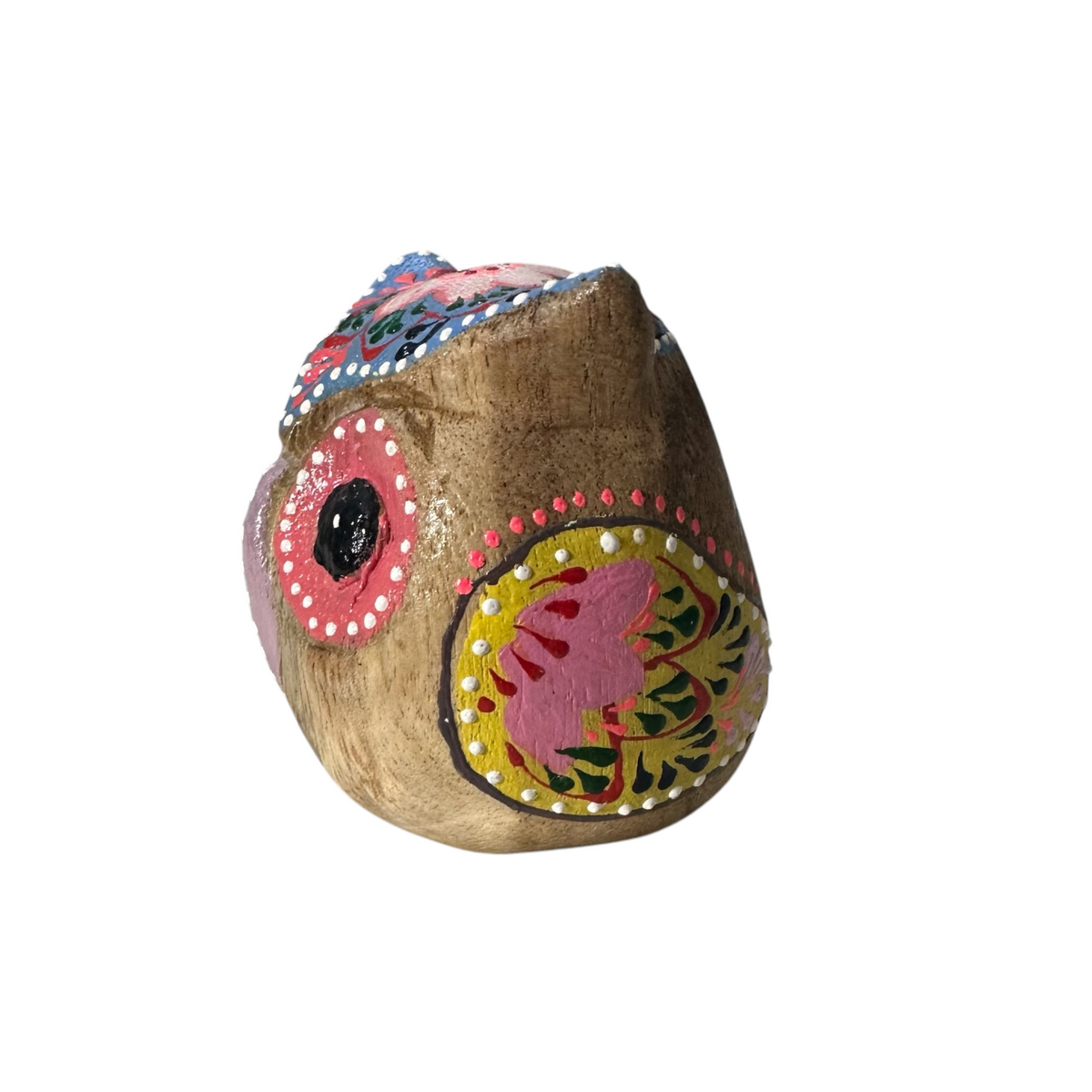 Hand-Painted Wooden Owl Figurine - Yellow & Pink Detailed Carving Music Frog Co