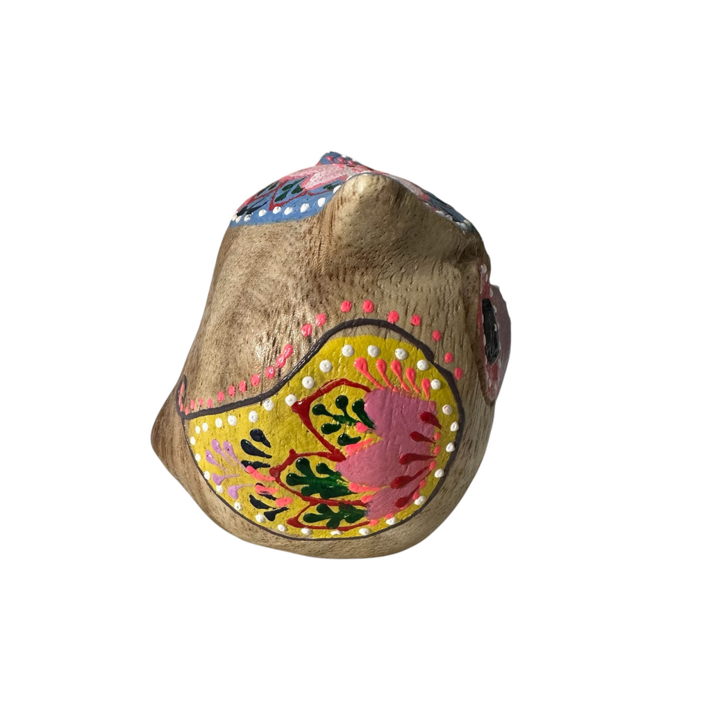 Hand-Painted Wooden Owl Figurine - Yellow & Pink Detailed Carving Music Frog Co