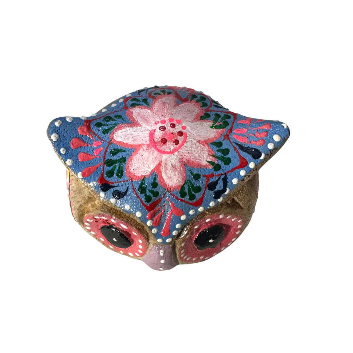 Hand-Painted Wooden Owl Figurine - Yellow & Pink Detailed Carving Music Frog Co