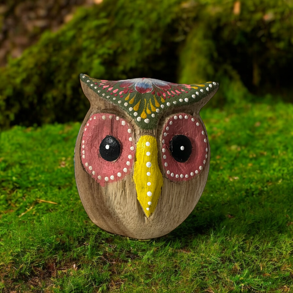 Hand-Painted Wooden Owl Figurine - Yellow & Green Artistic Design Music Frog Co