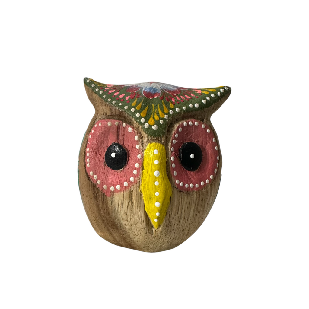 Hand-Painted Wooden Owl Figurine - Yellow & Green Artistic Design Music Frog Co