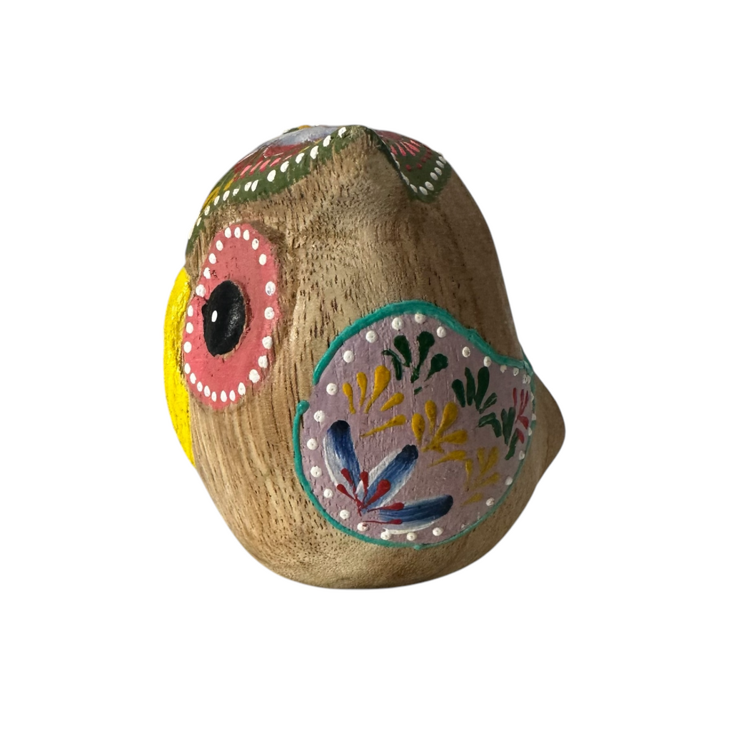 Hand-Painted Wooden Owl Figurine - Yellow & Green Artistic Design Music Frog Co