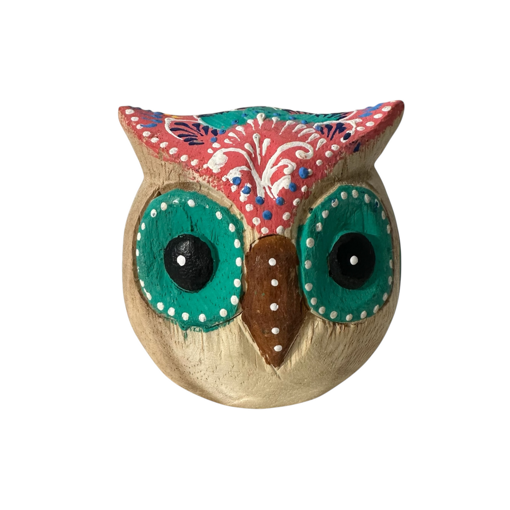 Hand-Painted Wooden Owl Figurine - Warm Earth Tones & Floral Design Music Frog Co