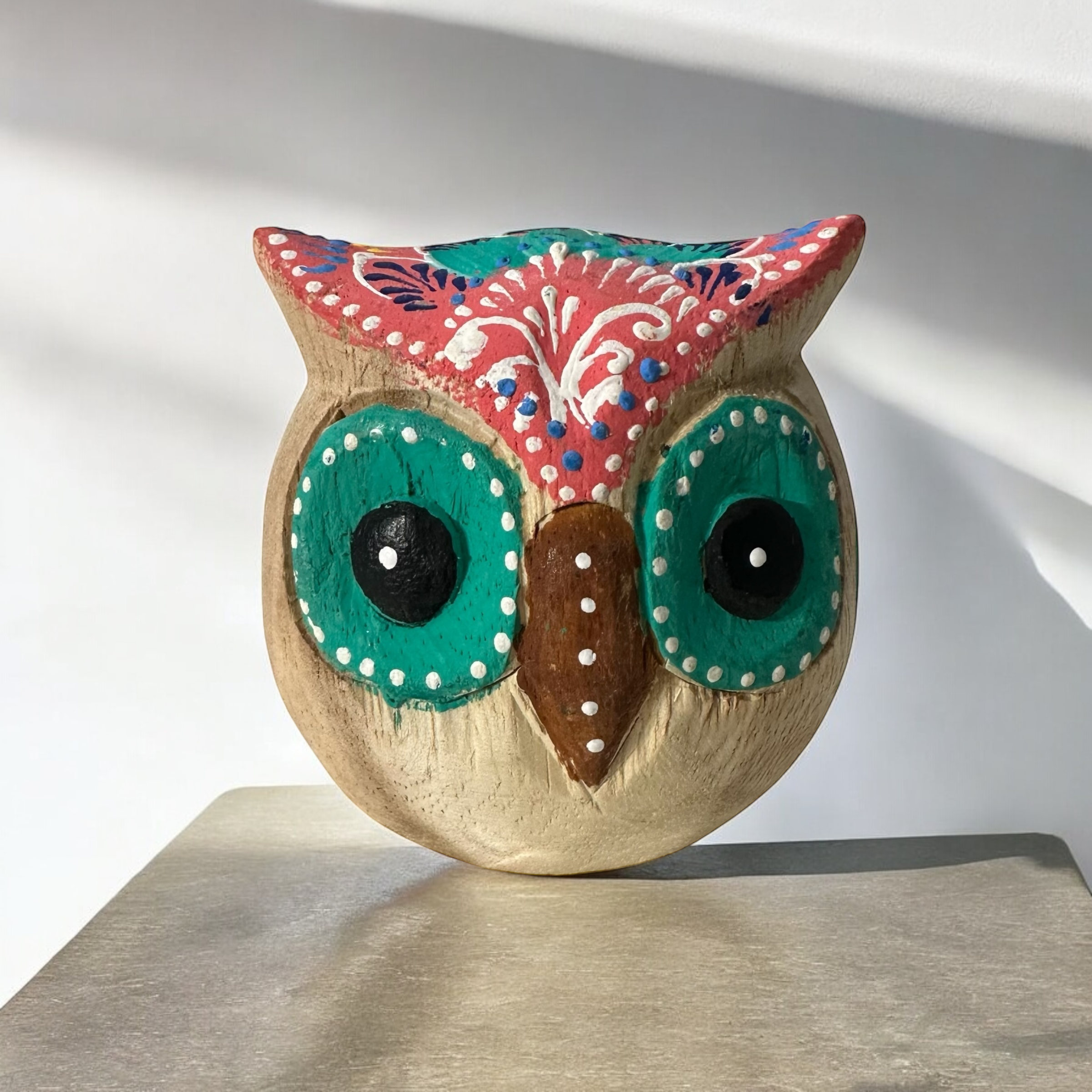 Hand-Painted Wooden Owl Figurine - Warm Earth Tones & Floral Design Music Frog Co