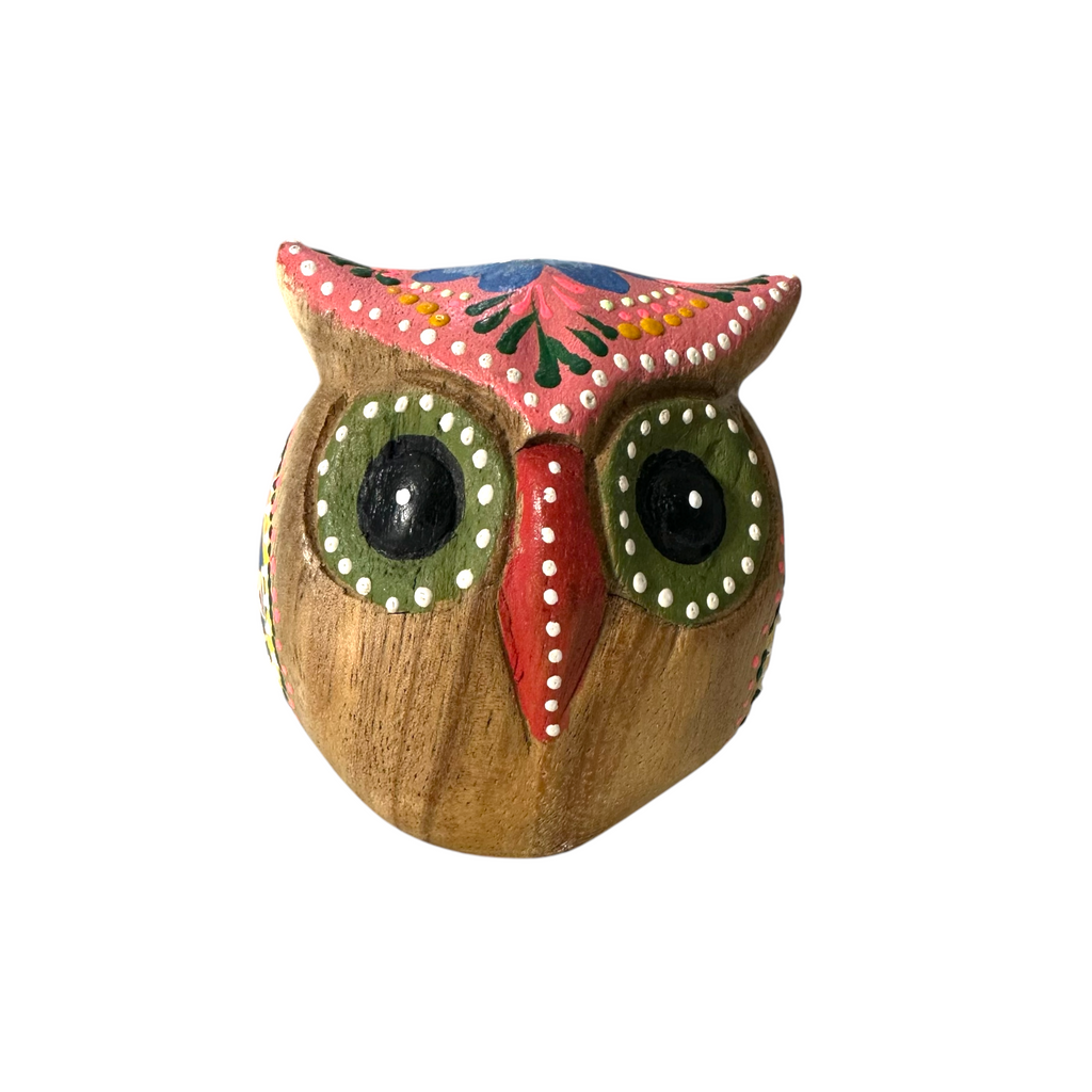 Hand-Painted Wooden Owl Figurine - Pink & Green Vibrant Design Music Frog Co