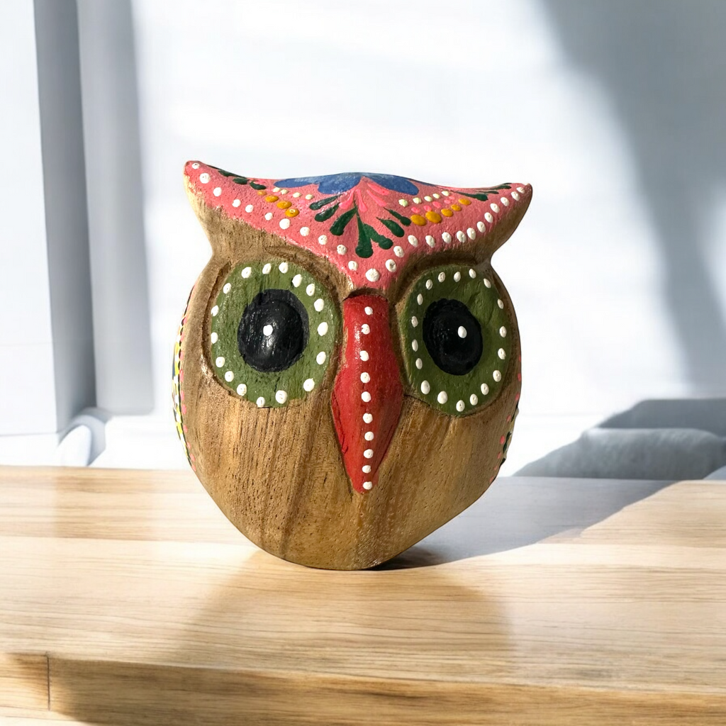 Hand-Painted Wooden Owl Figurine - Pink & Green Vibrant Design Music Frog Co