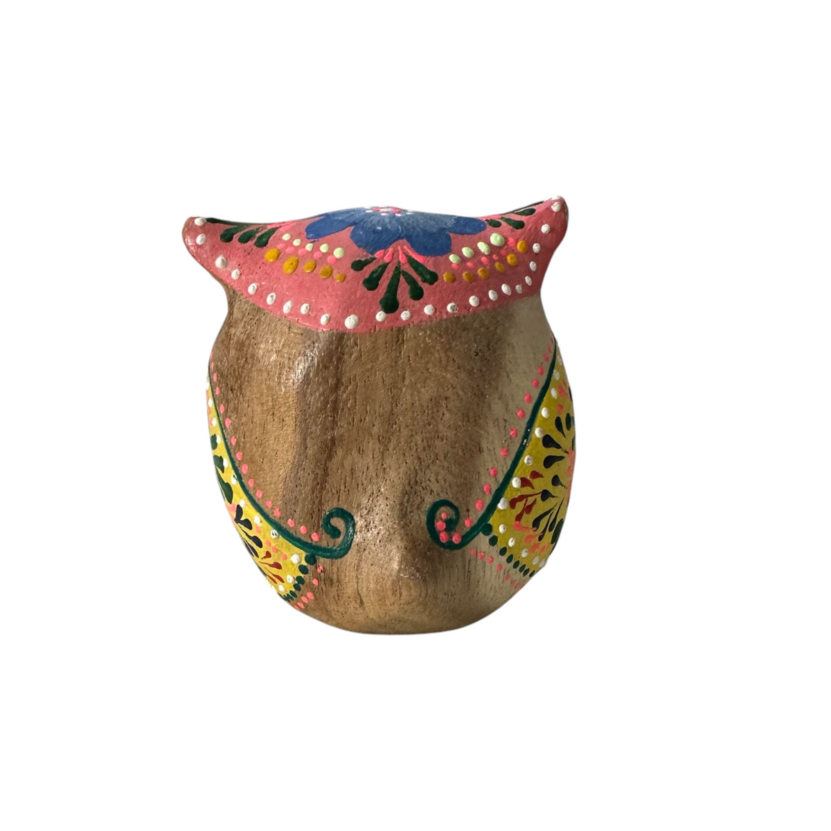 Hand-Painted Wooden Owl Figurine - Pink & Green Vibrant Design Music Frog Co
