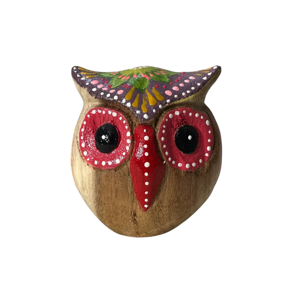 Hand-Painted Wooden Owl Figurine - Classic Red & Colorful Accents Music Frog Co