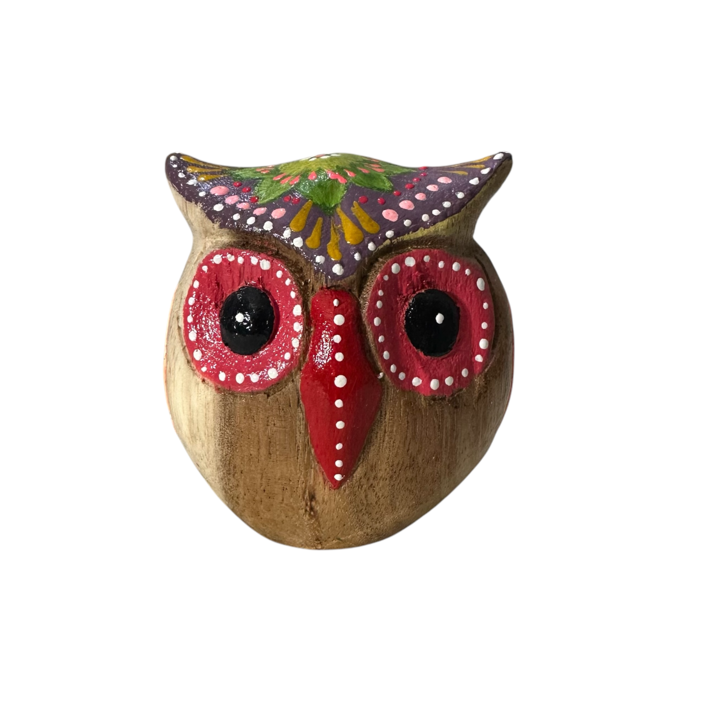 Hand-Painted Wooden Owl Figurine - Classic Red & Colorful Accents Music Frog Co