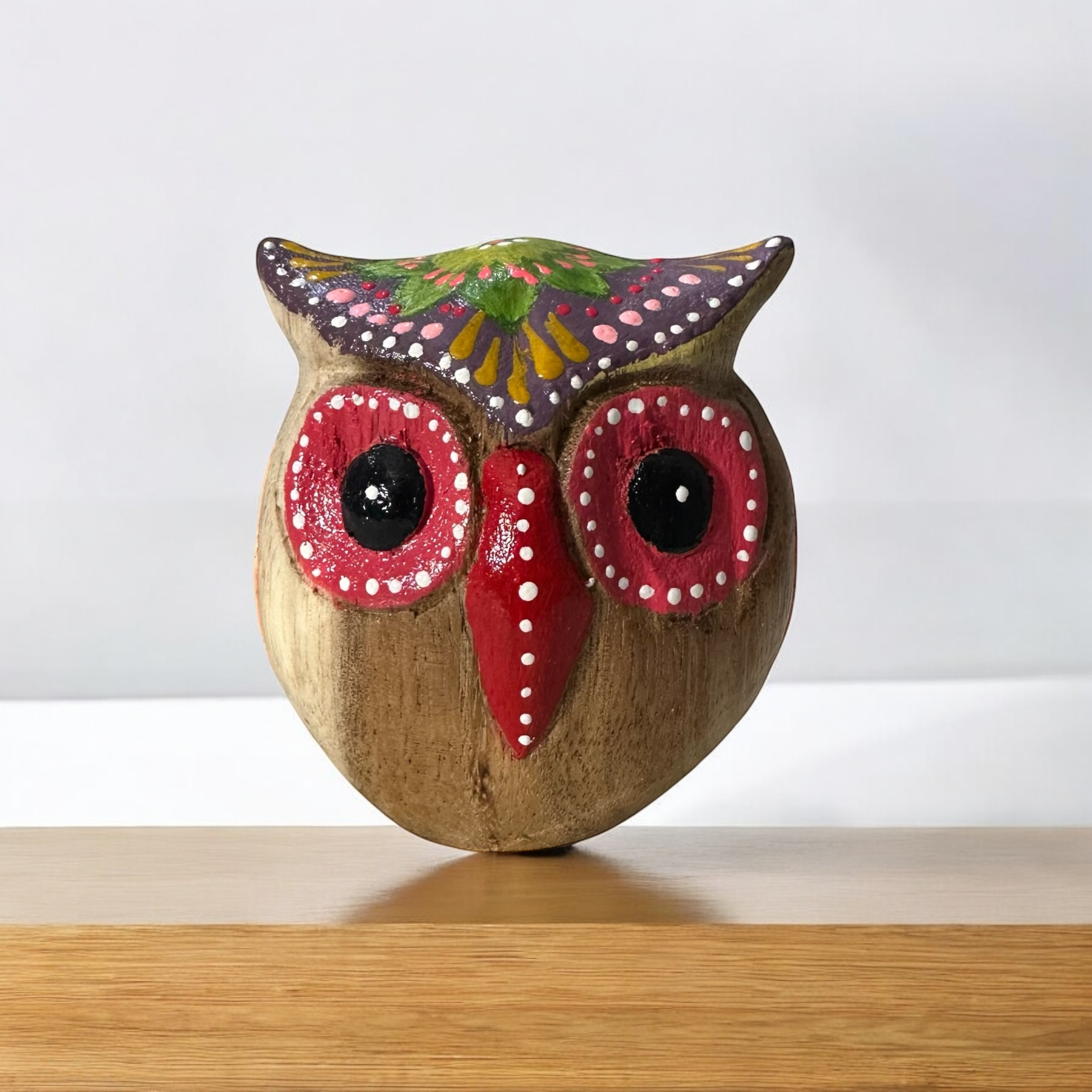 Hand-Painted Wooden Owl Figurine - Classic Red & Colorful Accents Music Frog Co