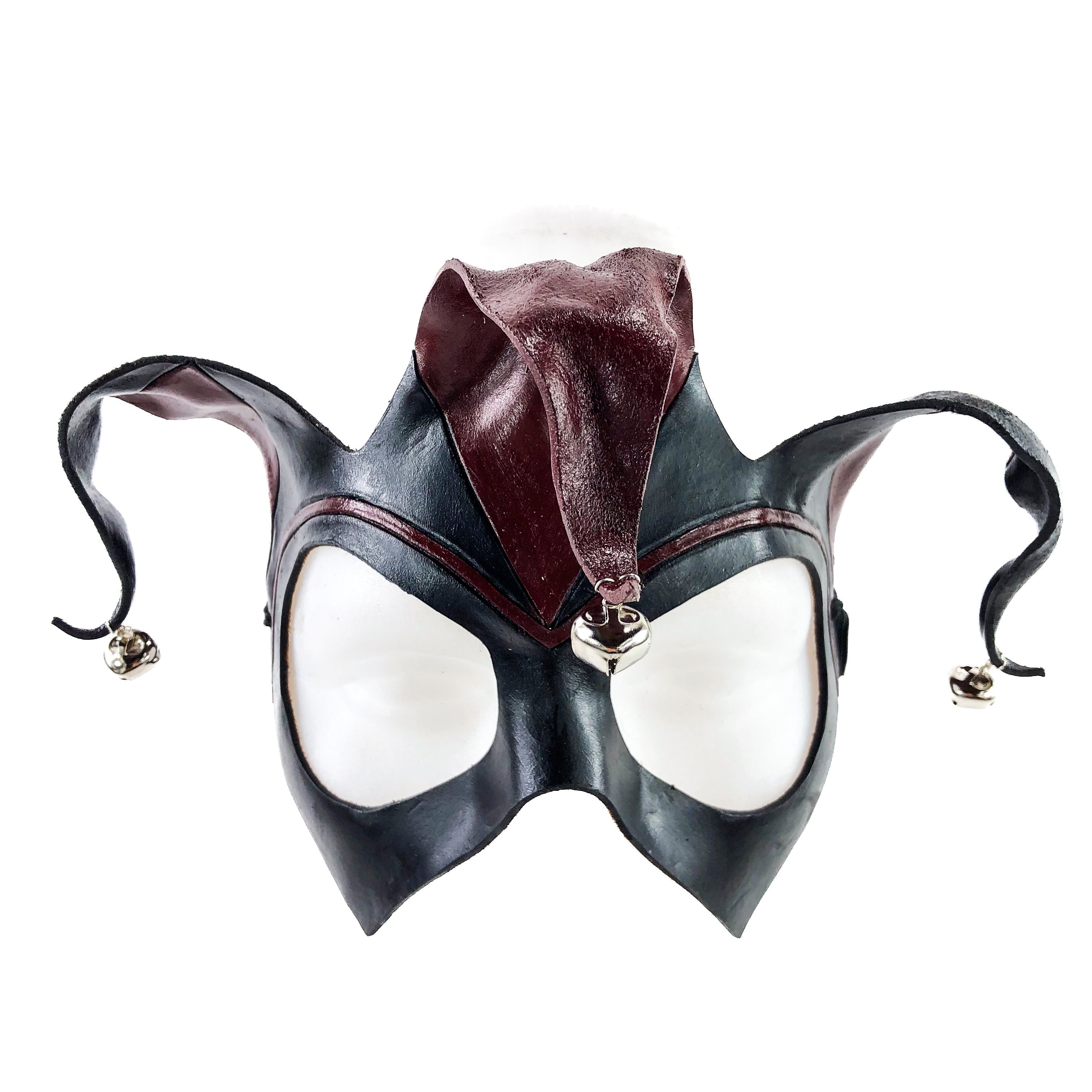 Handmade Genuine Leather Jester Mask in Red and Black with Silver Bells Rockwell Masks