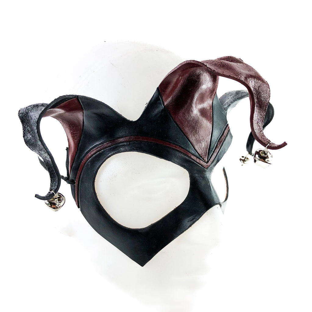 Handmade Genuine Leather Jester Mask in Red and Black with Silver Bells Rockwell Masks