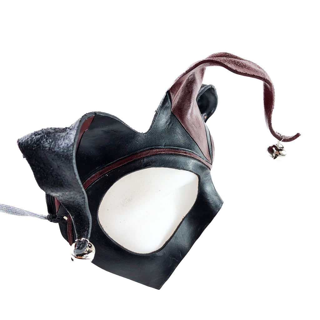 Handmade Genuine Leather Jester Mask in Red and Black with Silver Bells Rockwell Masks
