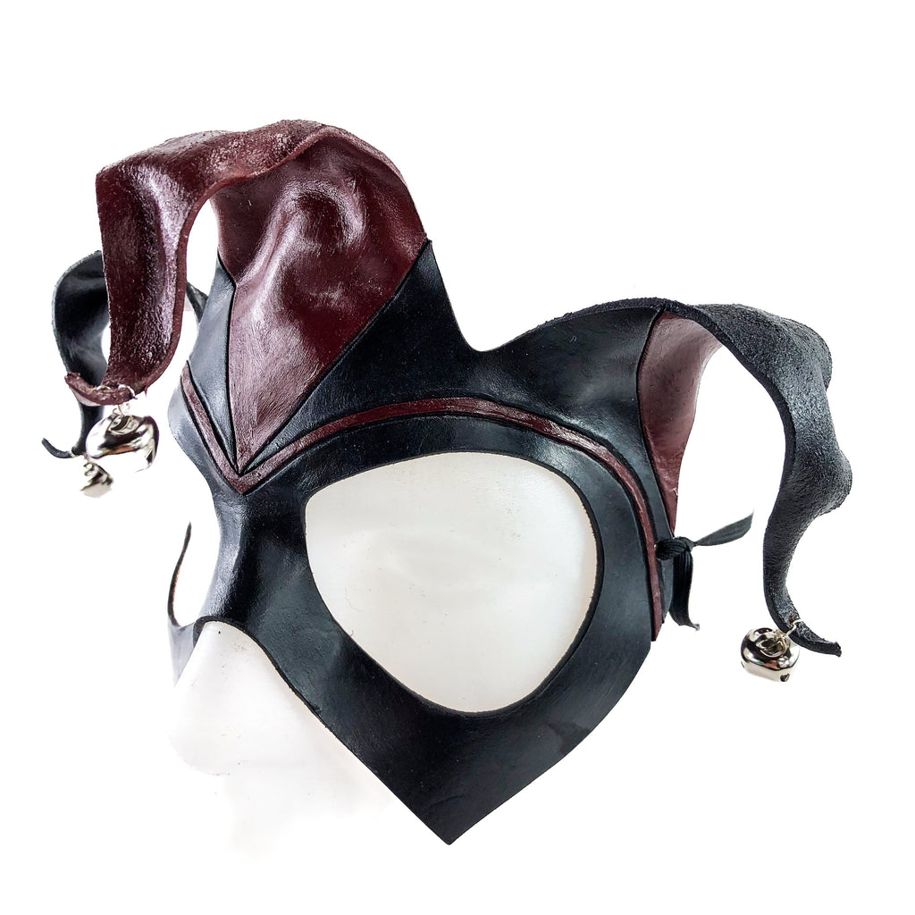 Handmade Genuine Leather Jester Mask in Red and Black with Silver Bells Rockwell Masks