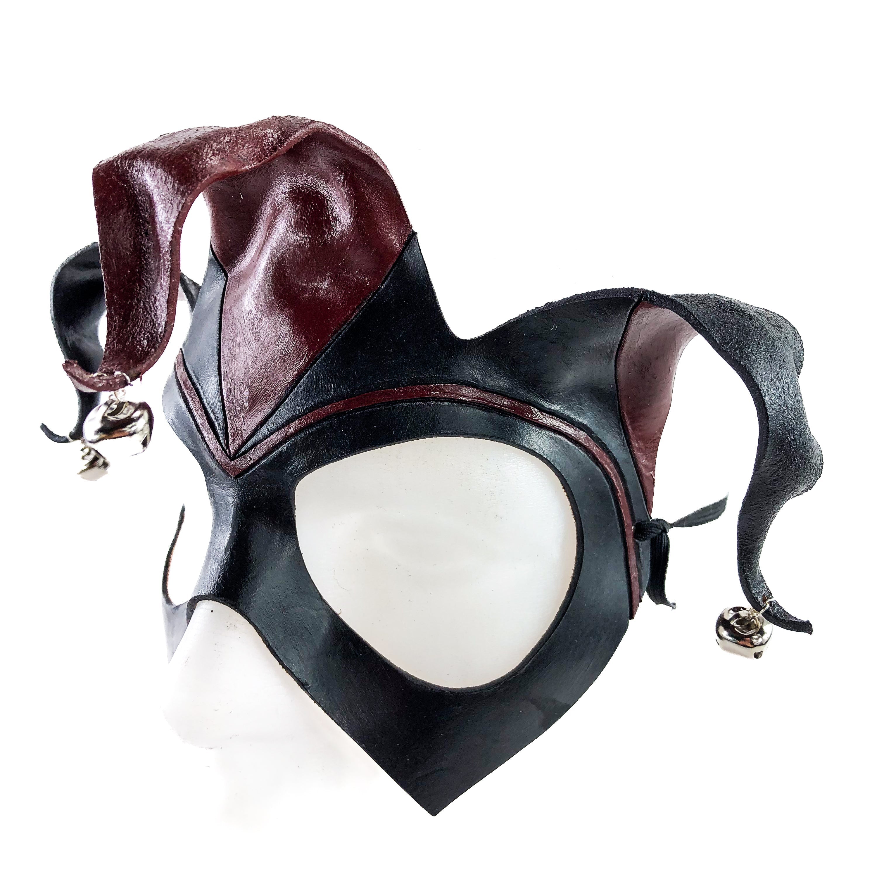 Handmade Genuine Leather Jester Mask in Red and Black with Silver Bells Rockwell Masks