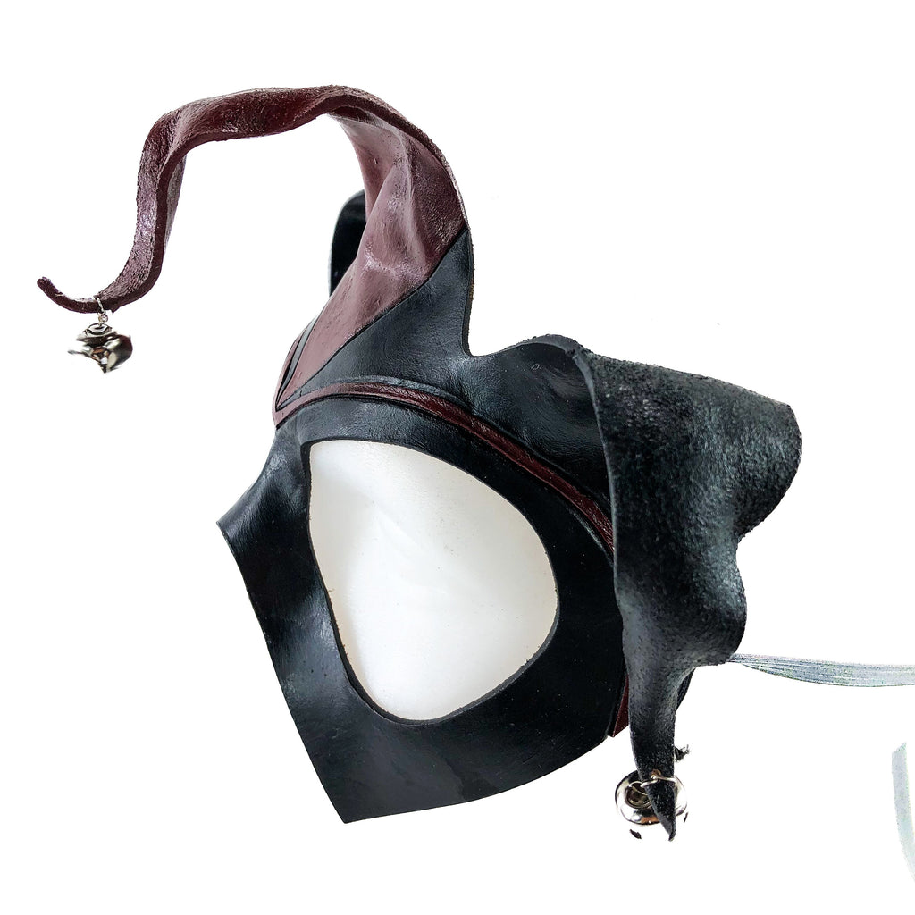 Handmade Genuine Leather Jester Mask in Red and Black with Silver Bells Rockwell Masks