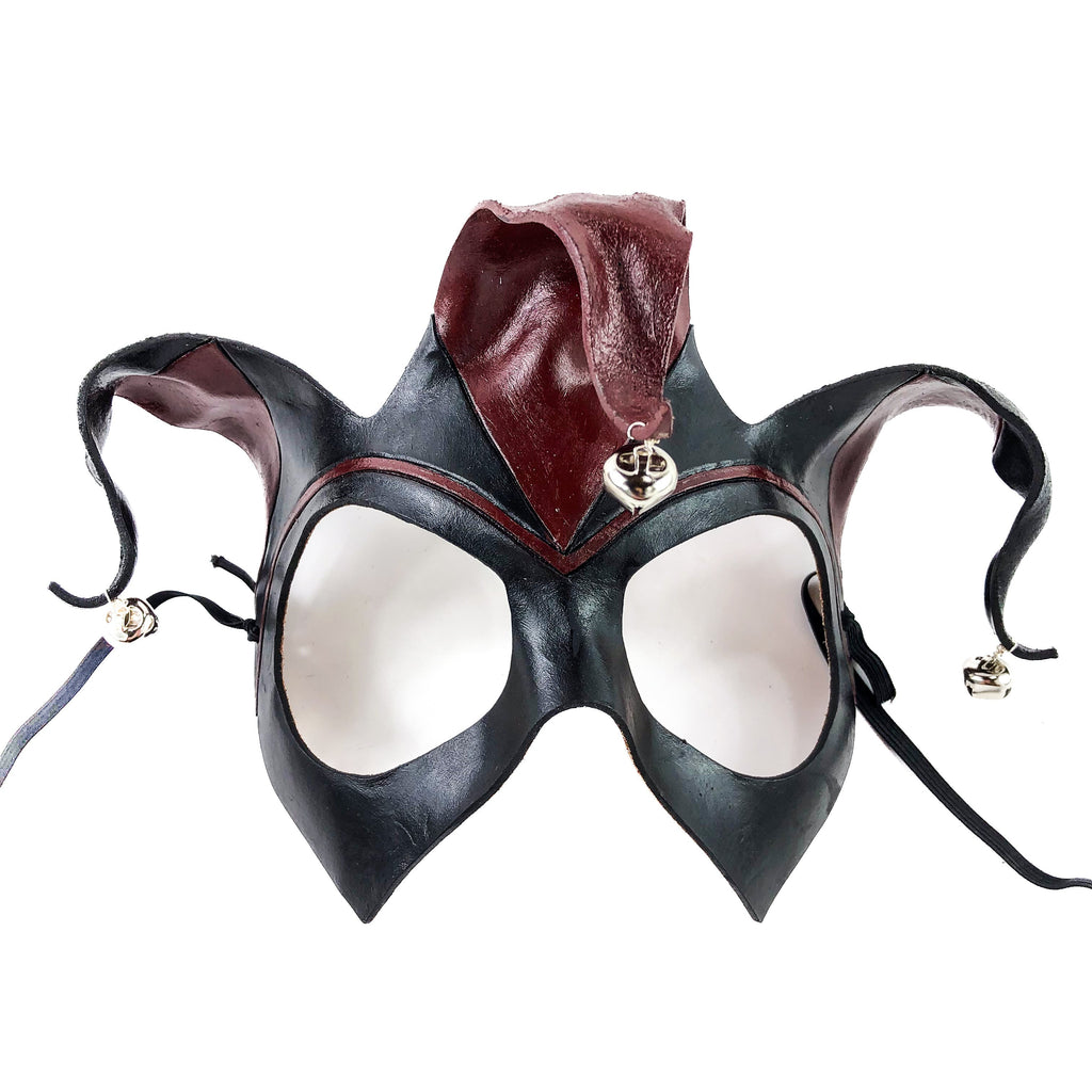 Handmade Genuine Leather Jester Mask in Red and Black with Silver Bells Rockwell Masks