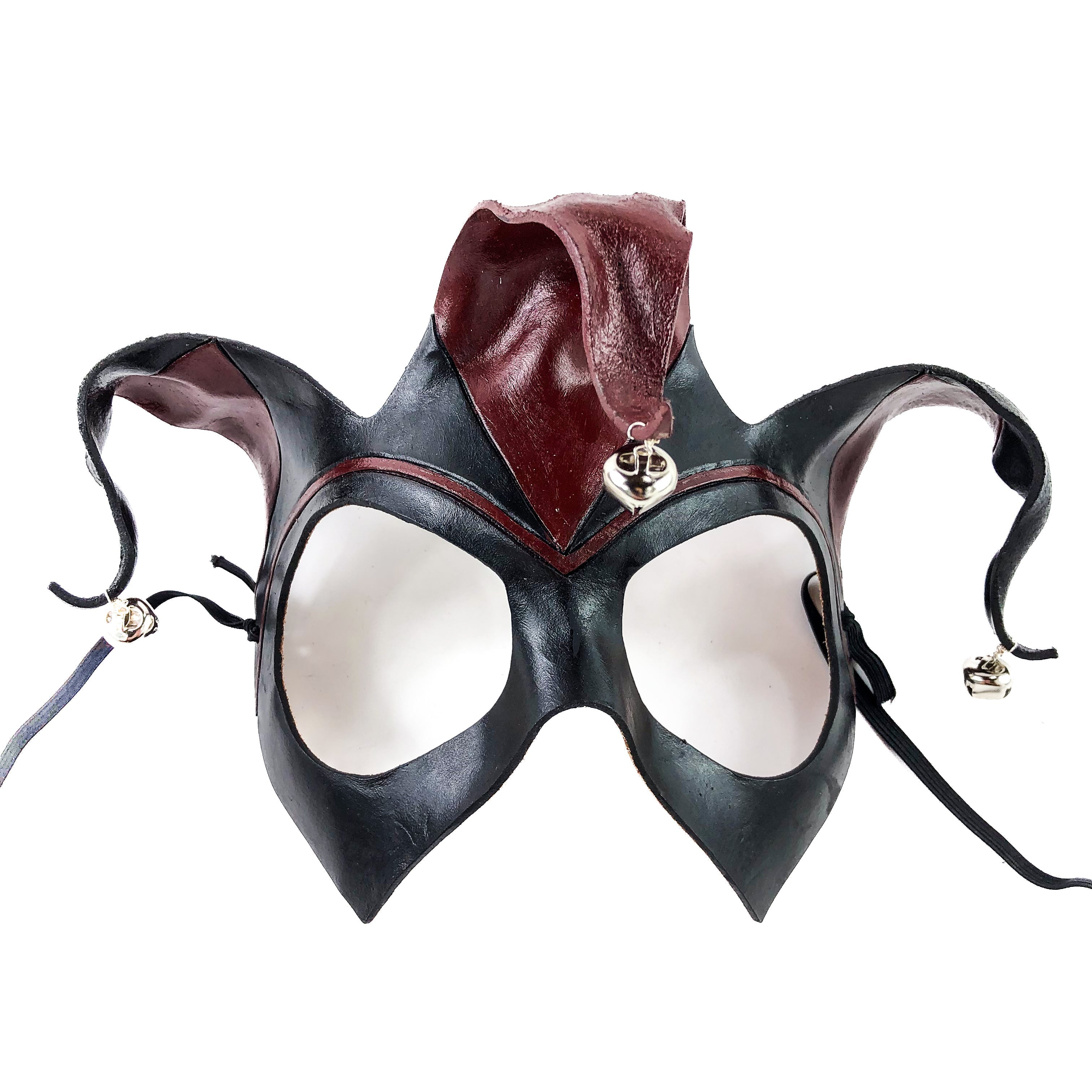 Handmade Genuine Leather Jester Mask in Red and Black with Silver Bells Rockwell Masks