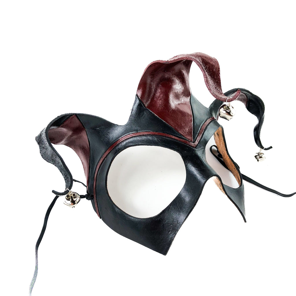 Handmade Genuine Leather Jester Mask in Red and Black with Silver Bells Rockwell Masks