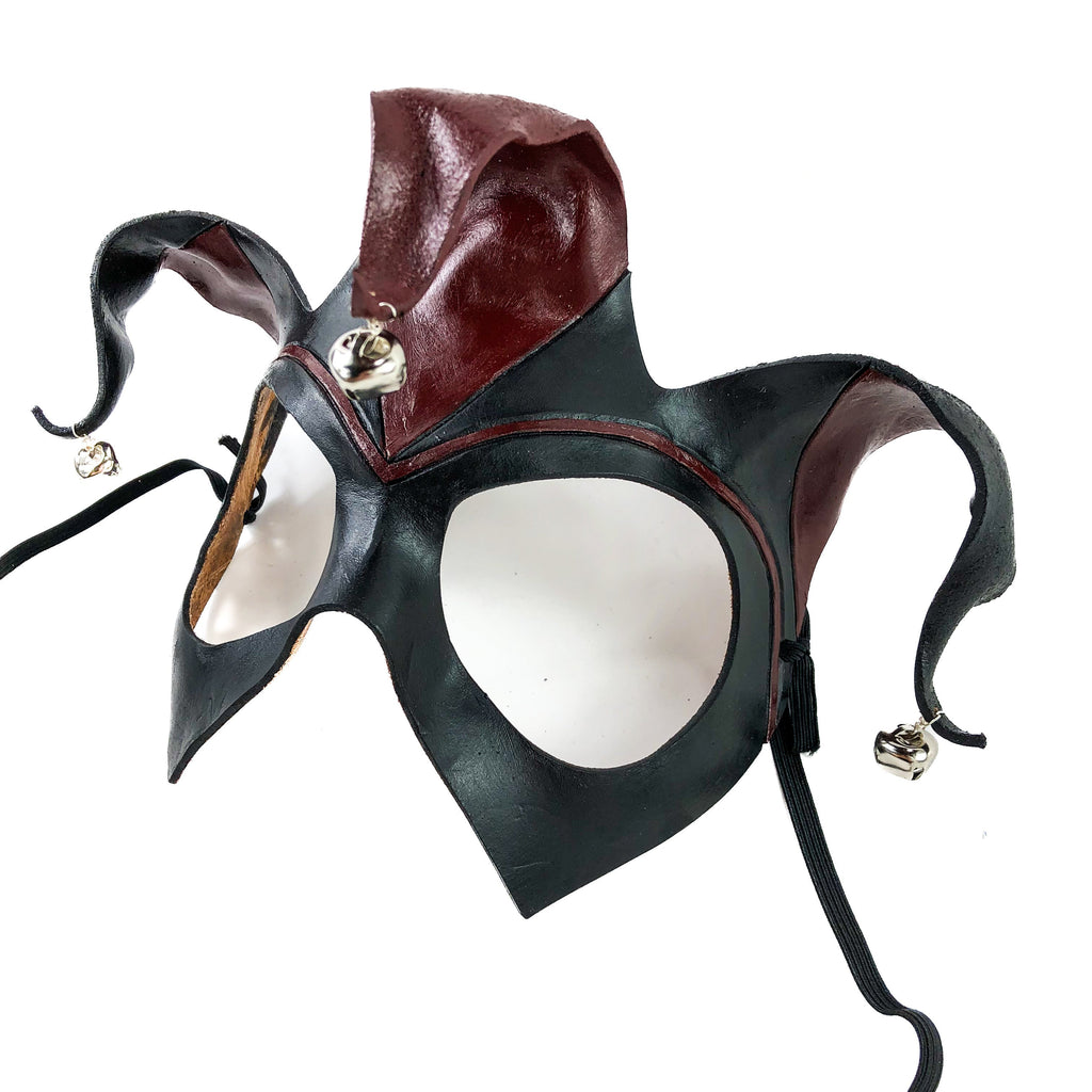 Handmade Genuine Leather Jester Mask in Red and Black with Silver Bells Rockwell Masks