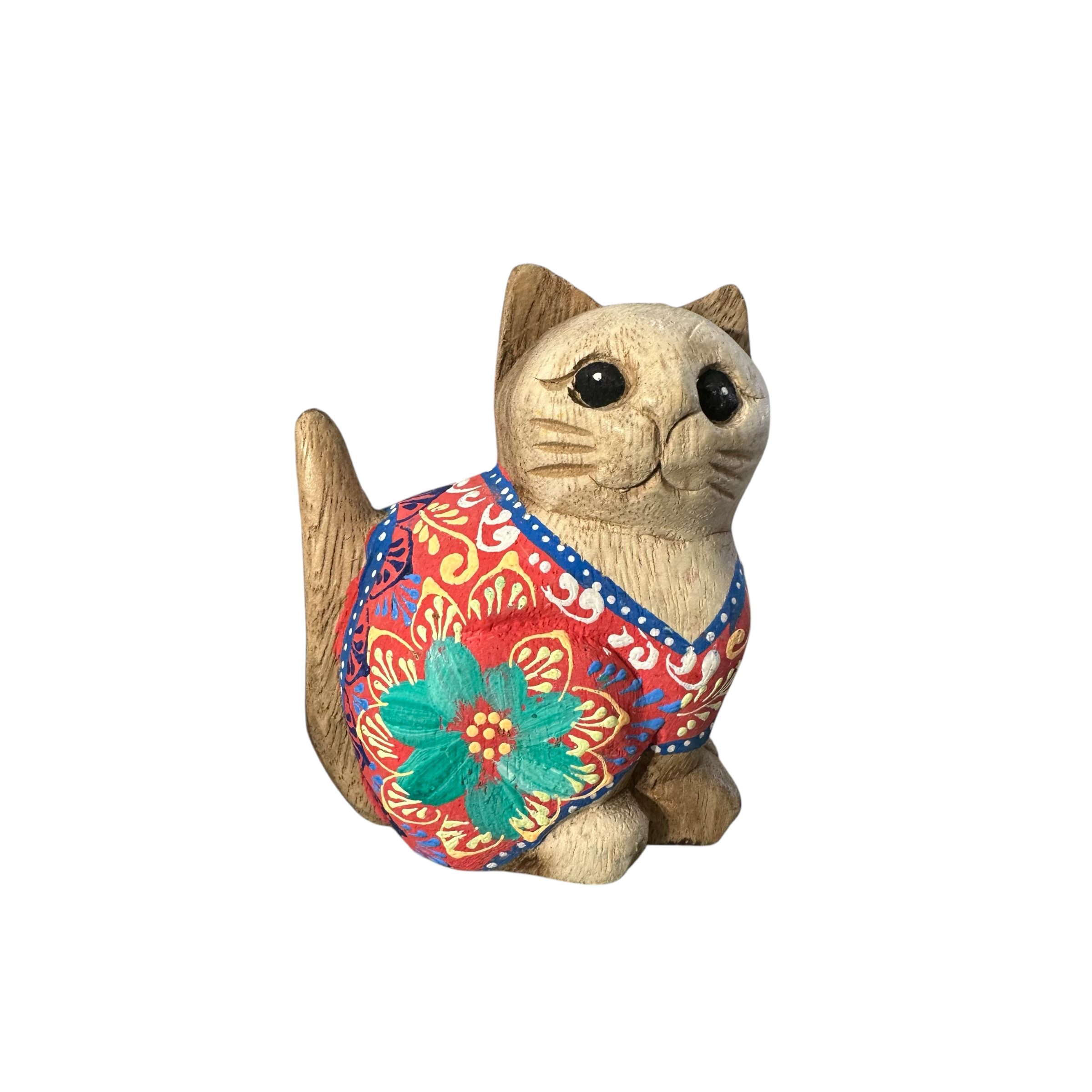 Hand-Carved Wooden Cat Figurine with Hand-Painted Floral Design Red Version – Siam Ruby Cat Music Frog Co