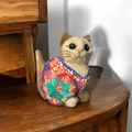 Hand-Carved Wooden Cat Figurine with Hand-Painted Floral Design Red Version – Siam Ruby Cat Music Frog Co