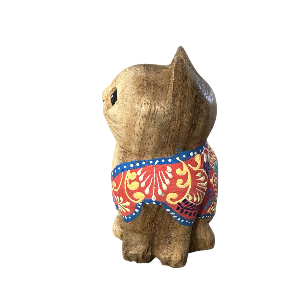 Hand-Carved Wooden Cat Figurine with Hand-Painted Floral Design Red Version – Siam Ruby Cat Music Frog Co