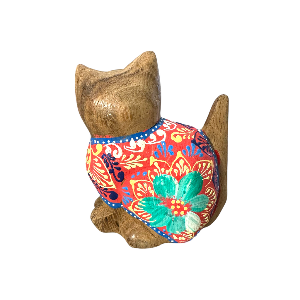 Hand-Carved Wooden Cat Figurine with Hand-Painted Floral Design Red Version – Siam Ruby Cat Music Frog Co