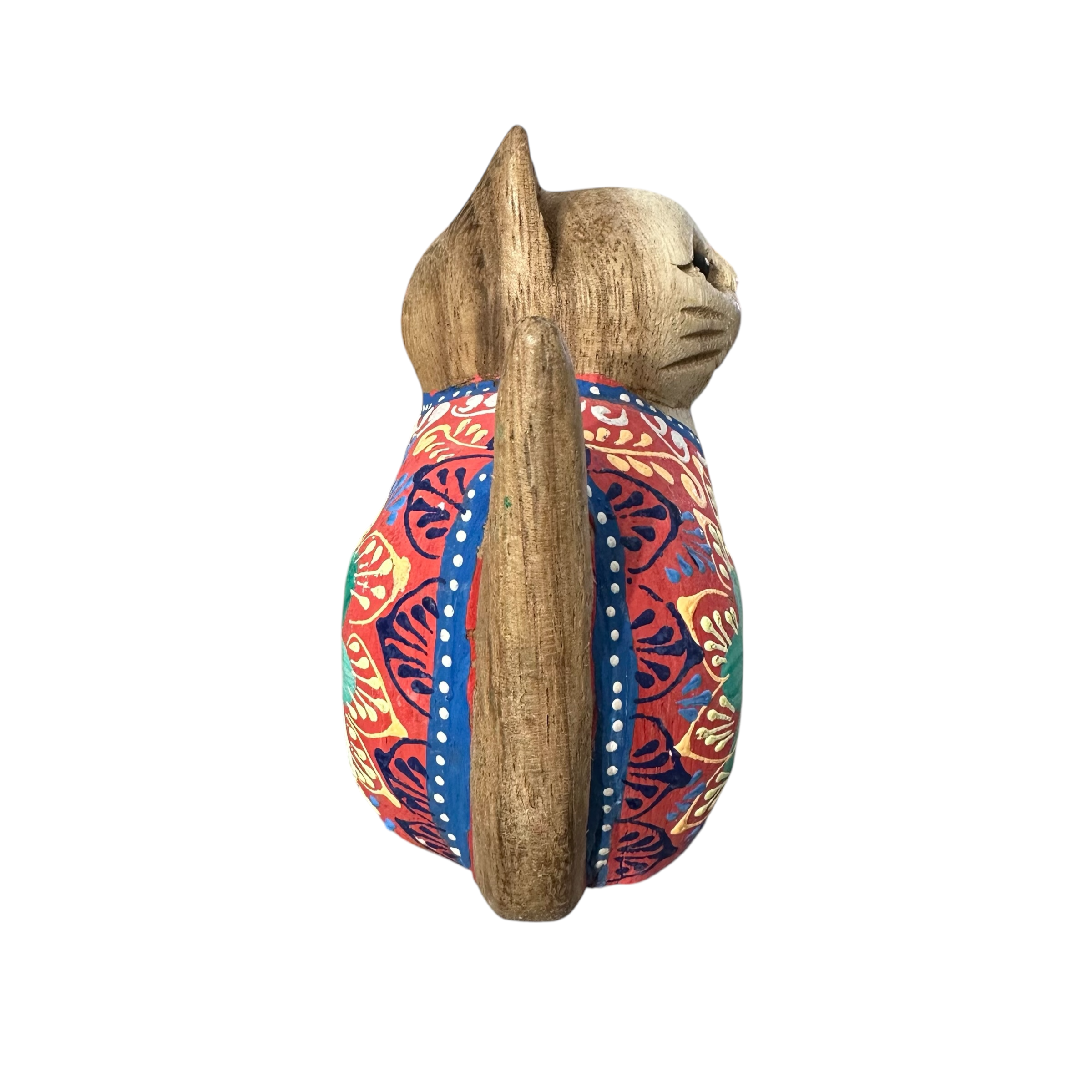 Hand-Carved Wooden Cat Figurine with Hand-Painted Floral Design Red Version – Siam Ruby Cat Music Frog Co
