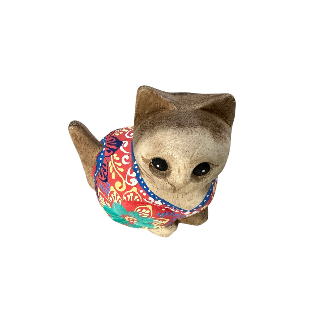 Hand-Carved Wooden Cat Figurine with Hand-Painted Floral Design Red Version – Siam Ruby Cat Music Frog Co