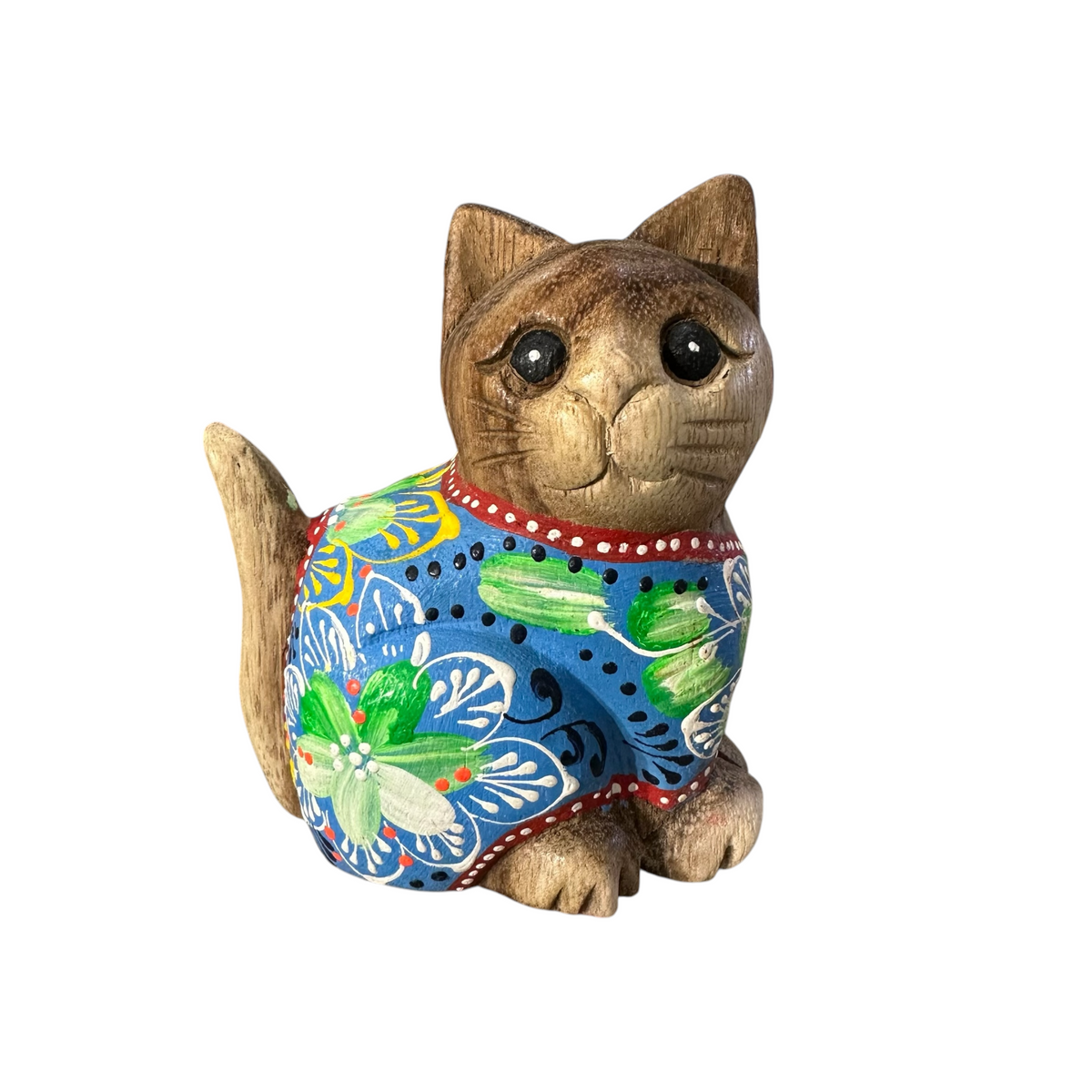 Hand-Carved Wooden Cat Figurine with Hand-Painted Floral Design Blue Version – Azure Blossom Cat Music Frog Co