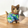 Hand-Carved Wooden Cat Figurine with Hand-Painted Floral Design Blue Version – Azure Blossom Cat Music Frog Co