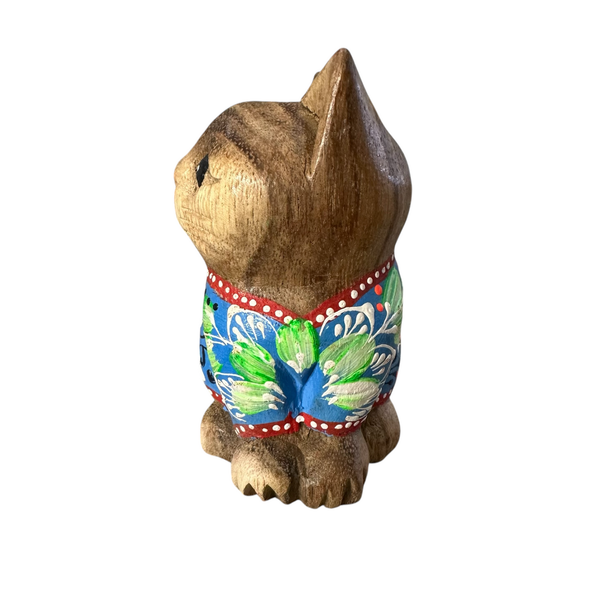 Hand-Carved Wooden Cat Figurine with Hand-Painted Floral Design Blue Version – Azure Blossom Cat Music Frog Co