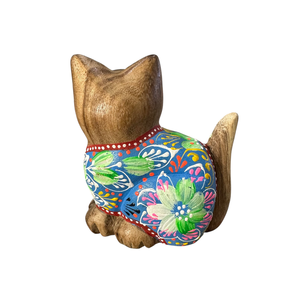 Hand-Carved Wooden Cat Figurine with Hand-Painted Floral Design Blue Version – Azure Blossom Cat Music Frog Co