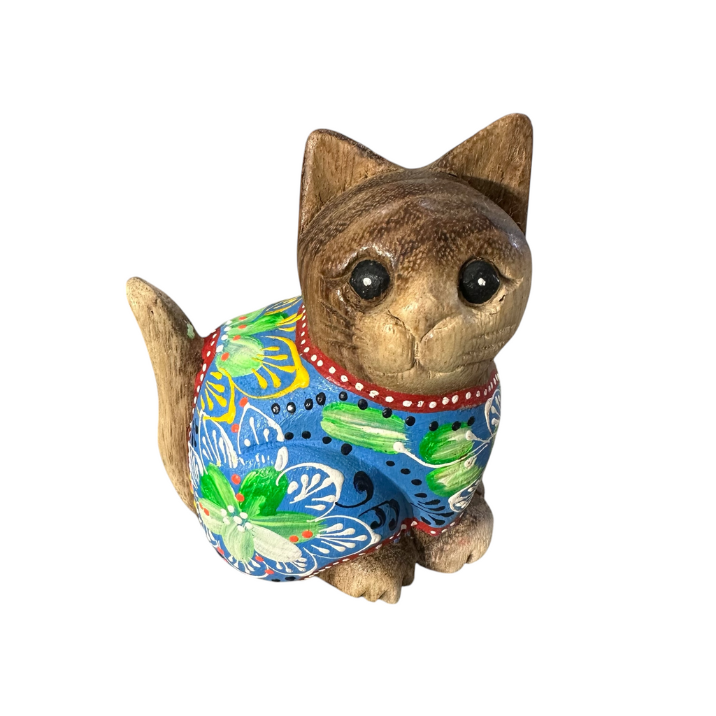 Hand-Carved Wooden Cat Figurine with Hand-Painted Floral Design Blue Version – Azure Blossom Cat Music Frog Co