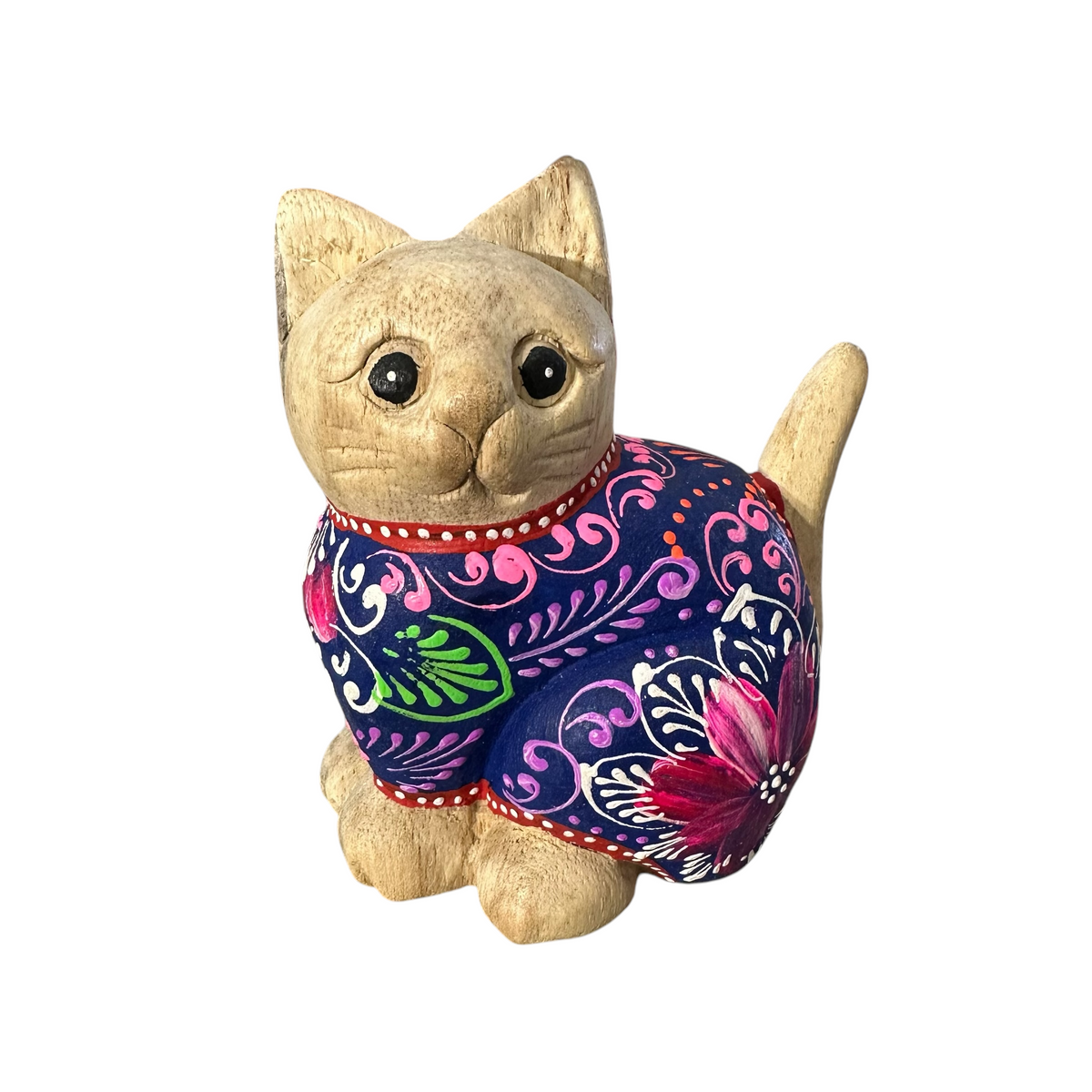 Hand-Carved Wooden Cat Figurine with Hand-Painted Floral Design Twilight Orchid Cat Music Frog Co
