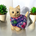 Hand-Carved Wooden Cat Figurine with Hand-Painted Floral Design Twilight Orchid Cat Music Frog Co
