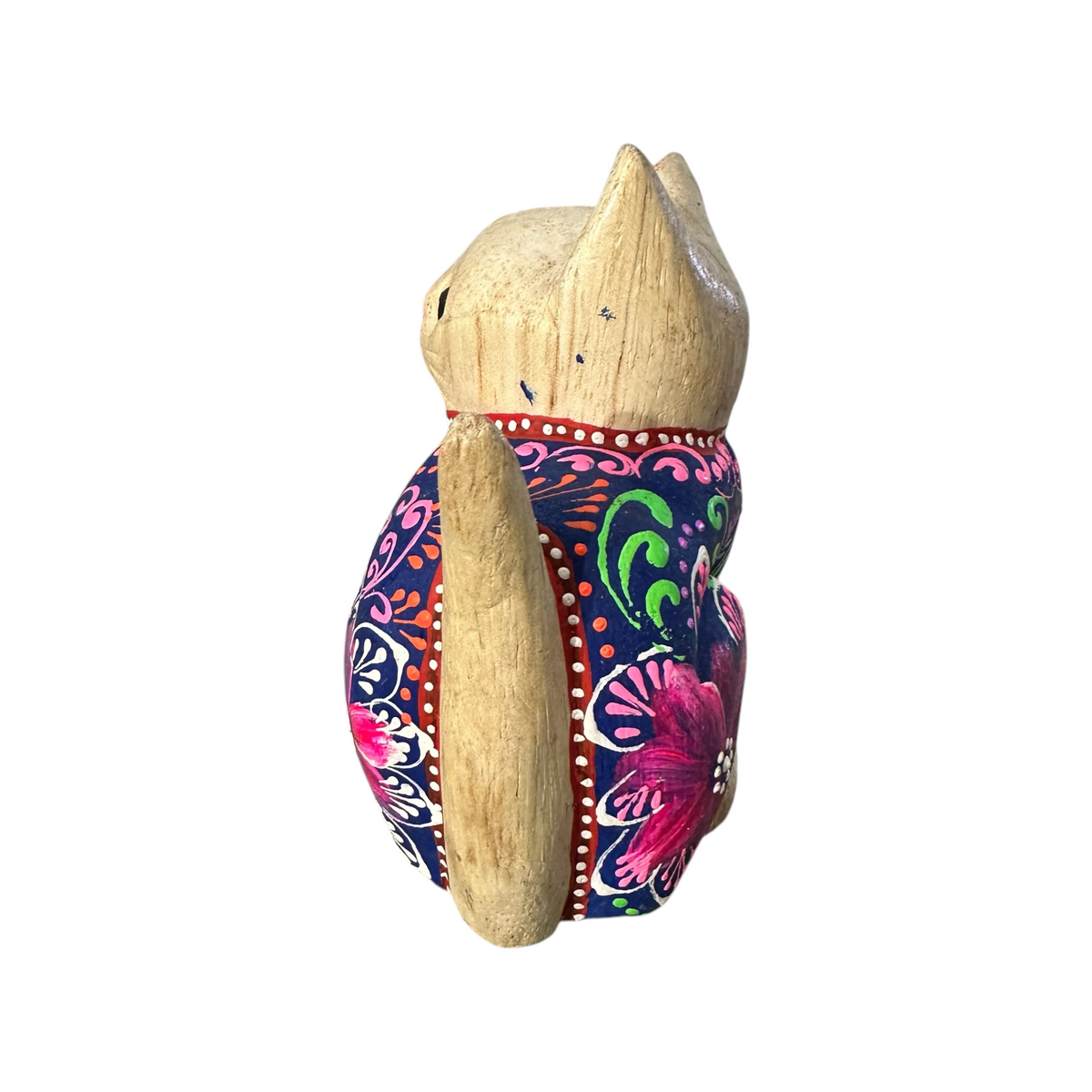 Hand-Carved Wooden Cat Figurine with Hand-Painted Floral Design Twilight Orchid Cat Music Frog Co