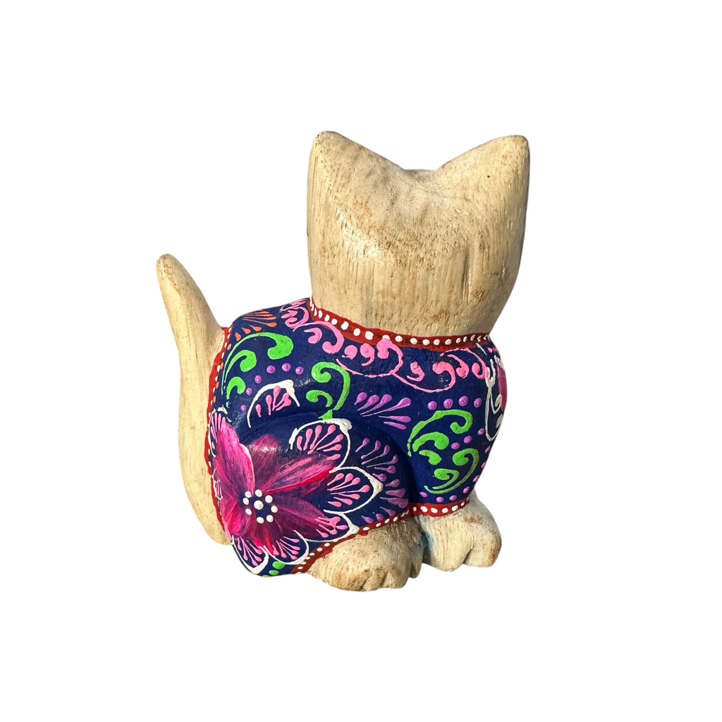 Hand-Carved Wooden Cat Figurine with Hand-Painted Floral Design Twilight Orchid Cat Music Frog Co